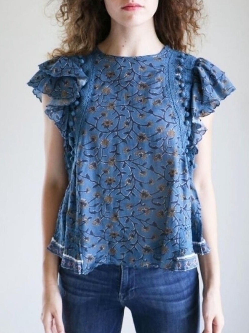 Sea New York Khloe Steel Blue Printed Pom Pom Top Size 6